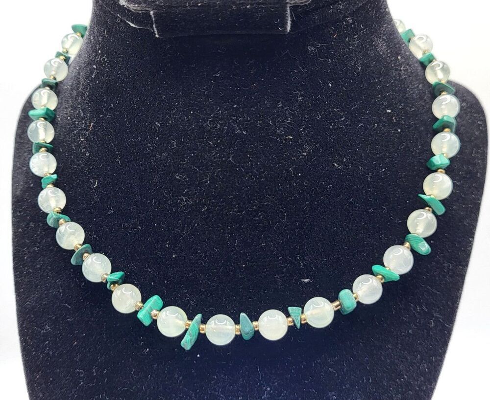 Artisan Malachite Jade Beaded Necklace 16.5in